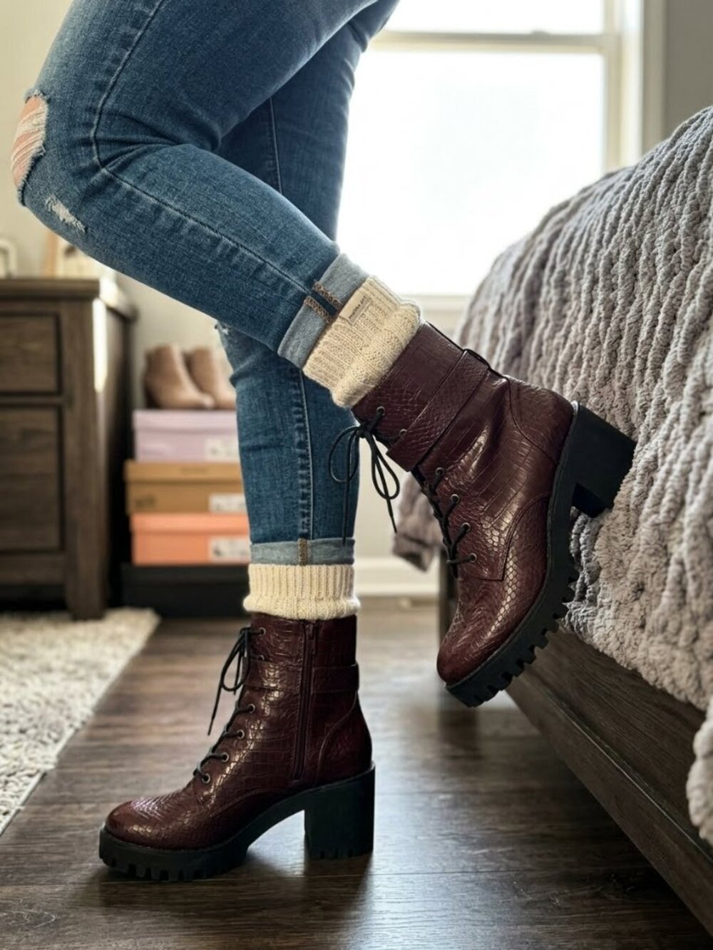 NWOT Madden Girl Coco Burgundy Croc Lace-Up Lug Platform Booties Size 10